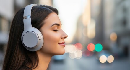 Woman Wearing Headphones Listening to Music Eyes Closed. young woman wearing large, modern wireless headphones. Represents lifestyle, music, audio, podcast, relaxation, and technology