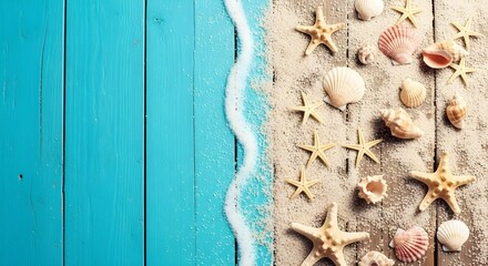 Summer beach background with starfish seashells sand and blue wood