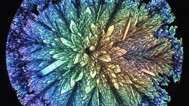 Microscopic view of colorful crystals forming and growing in a mesmerizing abstract pattern.