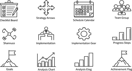 Project planning icons set with checklist, strategy arrows, schedule calendar, team group, implementation, progress steps, goals, analysis, achievement