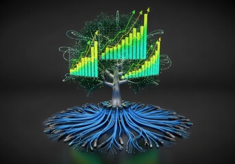 Data driven growth concept with vibrant financial charts and cable roots