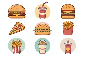 Collection of delicious fast food icons featuring burgers pizza fries and drinks