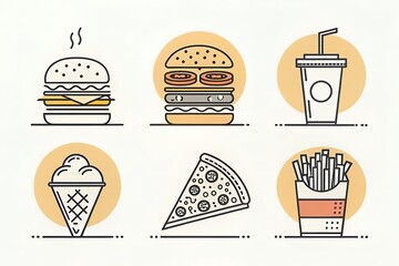 Illustrated fast food icons featuring burgers pizza fries and drinks