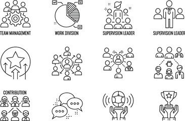 Team management and leadership icons set with work division, supervision, contribution, communication, collaboration, recognition, organization, coordination, teamwork, success