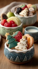 Close-up display of Santa cookies, fruit bowls, gingerbread trees, and a cozy lit wooden table creating a sweet, cheerful Christmas dessert moment