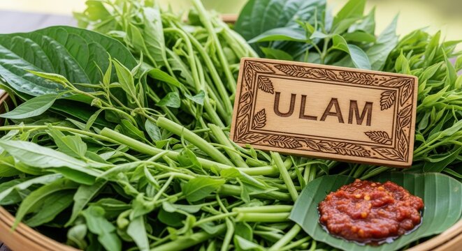 Fresh Bruneian Ulam &ndash; Vibrant Rainforest Herbs & Vegetables with Sambal in Woven Sago Basket, Rattan 'ULAM' Plaque, Fern Shoot & Mangrove Leaf Motifs 