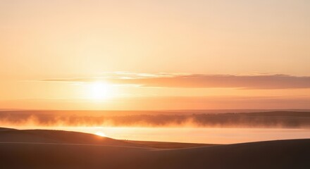 Naklejka premium Warm sunrise over a misty landscape golden light reflecting on the water creating a serene and peaceful atmosphere