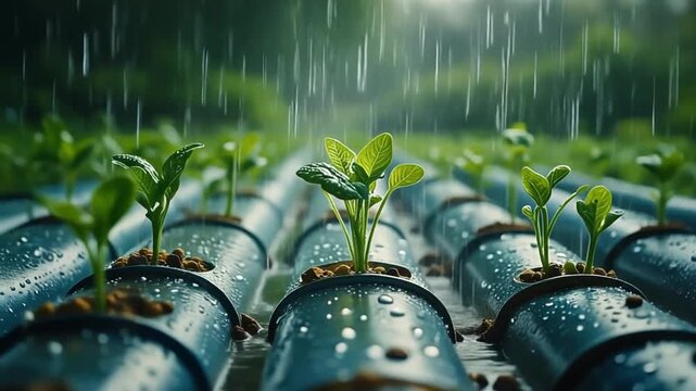 Medium shot of young plants thrive in an innovative agricultural setup under refreshing rain.