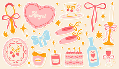 Girly stickers with a ballet aesthetic. A set of coquette elements with bows, pointe shoes, and perfume. © Kateryna Moskaleno