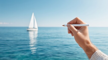 Dreaming of sailing adventures a hand holds a pencil poised to sketch a yacht on the horizon under a clear blue sky evoking freedom and escape