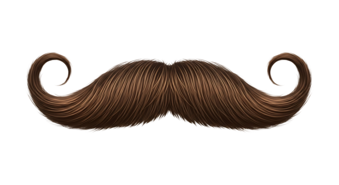 Classic brown handlebar mustache with elegant curls, retro style