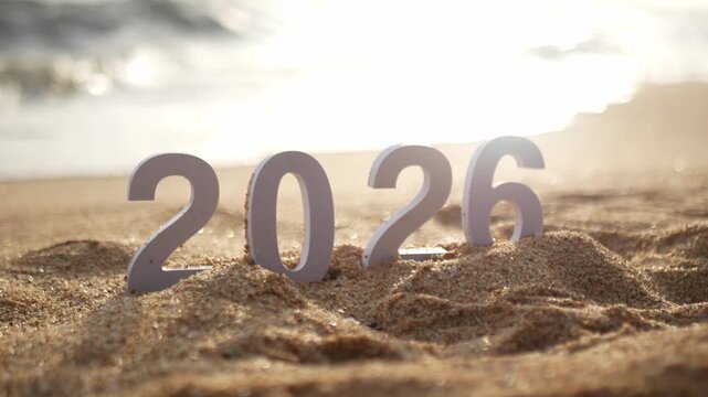 number 2026 for new year sign on summer beach at sunset, with ripple sea wave and beautiful nature at background, 2026 New Year celebration concept