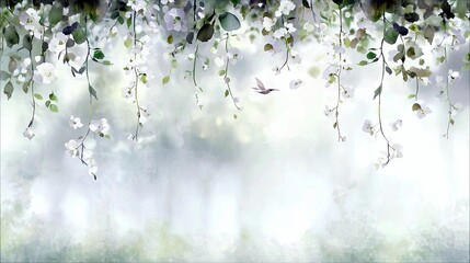 Obraz premium A serene scene of cascading white flowers and leaves with a hummingbird flying amidst the soft, blurred background.
