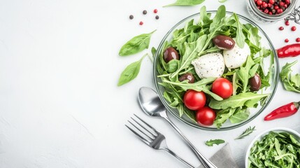 Fresh Garden Salad: A vibrant and healthy garden salad featuring a mix of fresh greens, tomatoes, olives, and mozzarella, garnished with herbs and spices.