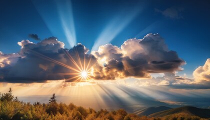 radiant sunlight bursting through cumulus clouds in a serene sky viewscape
