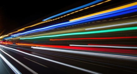 Long exposure light trails from fast moving vehicle traffic on a dark highway at night creating abstract streaks of color