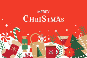 Horizontal festive background for a banner or a Christmas and New Year greeting. Flat-style vector illustration with festive elements, an inscription, and copy space