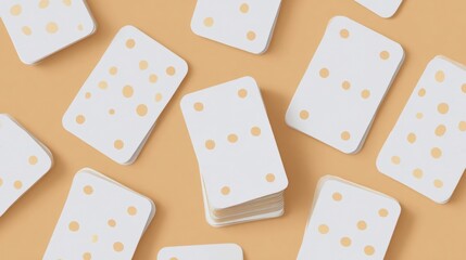 Group of white playing cards scattered on an orange background. the cards are arranged in a scattered manner, with some overlapping each other. each card has a small yellow polka dot pattern on it.