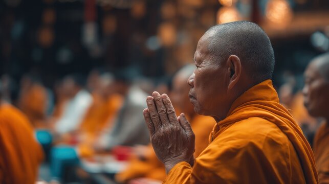 Monk in orange robe praying with hands together in a gathering