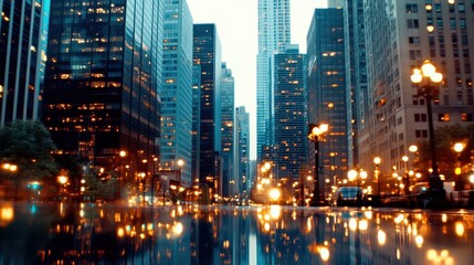 Fototapeta premium City Reflections: A captivating cityscape glistens with the soft glow of streetlights reflected on wet pavement, as towering skyscrapers reach towards the evening sky.