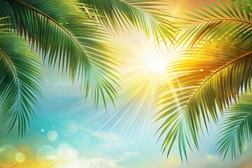 Bright sunlight through lush palm leaves on a tropical day