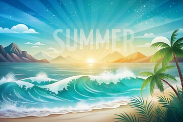 Vibrant summer beach scene with crashing waves and palm trees