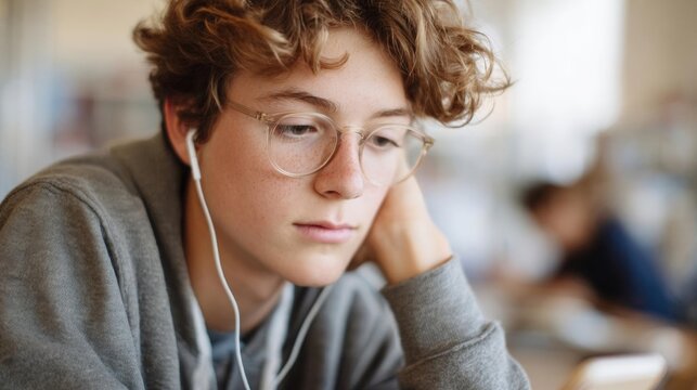 Close-up portrait of a young man with curly hair and glasses. he is wearing a grey hoodie and has white earphones in his ears. - Powered by Adobe
