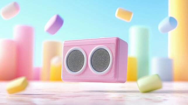A pink retro-style speaker is the central focus, surrounded by floating abstract shapes in pastel colors against a bright blue sky.