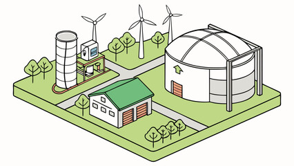 Biogas Production Plant Vector Illustration – Renewable Energy from Biomass, Methane Gas Generation, Eco-Friendly Digester System and Sustainable Power Technology
