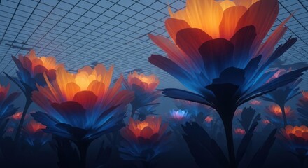 Glowing artificial flowers with orange and blue light illuminate a dark, netted environment creating a magical scene