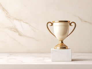 Golden trophy on an elegant marble background conveys prestige and celebration, with wide copy space perfect for promotional or congratulatory text.