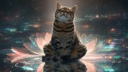 A serene cat is sitting in a lotus position, with closed eyes, surrounded by glowing lights and flower petals. The cat is at peace, meditating