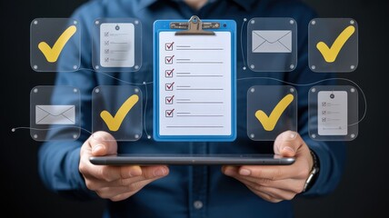 Business professional manages digital checklist and approval process displayed above a handheld device