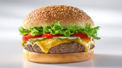 High-detail cheeseburger with lettuce, cheese, and beef patty on a bright white background.