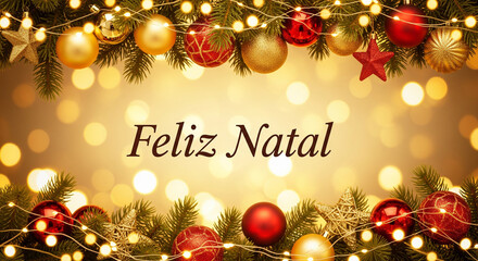 Festive Christmas Border with Gold and Red Ornaments, Bokeh Lights, and 'Feliz Natal' Greeting