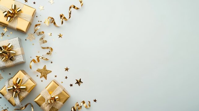 Gift-Giving: Elegant gold gifts adorned with decorative bows and shimmering ribbons. Surrounded by glittering stars, creating a festive scene that radiates joy and excitement.