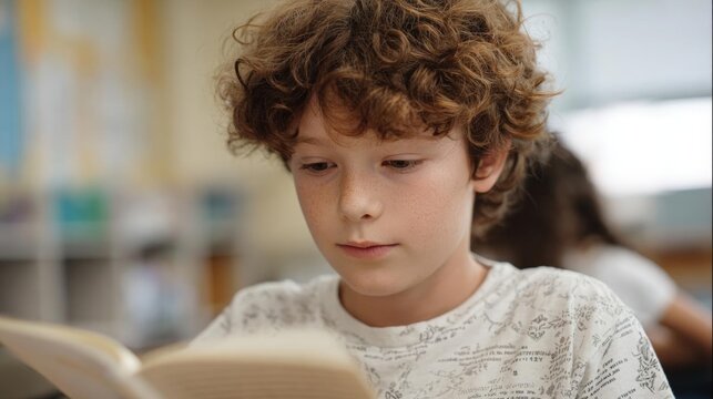 Young boy with curly hair, wearing a white t-shirt with a floral pattern. he is sitting in a library or study area and is reading a book.