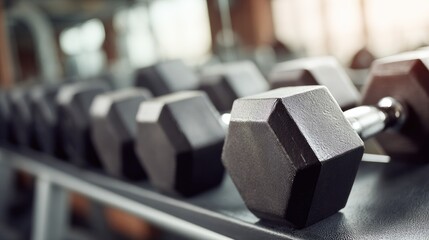 Row of black hexagonal dumbbells resting on a gym rack.