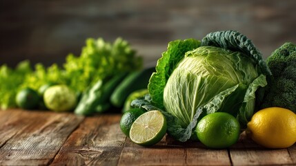 Fresh green vegetables and citrus fruits arranged on rustic wood.