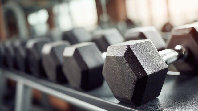 Row of black hexagonal dumbbells resting on a gym rack. - Powered by Adobe