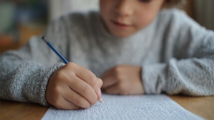 Young boy sitting at a table and writing on a piece of paper with a blue pen. he is wearing a grey sweater and appears to be focused on his work.