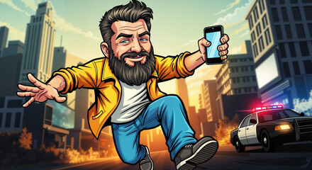 Bearded man running while holding smartphone in urban setting - Concept of No Shave November, comic-like caricature   