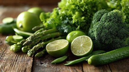 Fresh green vegetables and limes arranged on a rustic wooden surface.
