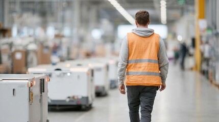 Man walking in a large warehouse. he is wearing an orange high visibility vest with reflective stripes and a grey hoodie.
