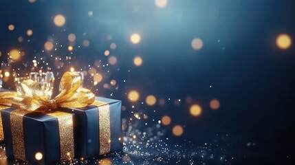 Gift of Moments: A beautifully wrapped gift box sits, illuminated by a mesmerizing display of bokeh lights. A warm, inviting atmosphere is conveyed, ideal for celebrations and moments of sharing.