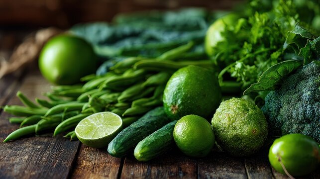 Assortment of fresh green vegetables and citrus fruits on wood.