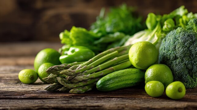 Fresh green vegetables and limes on rustic wooden surface background