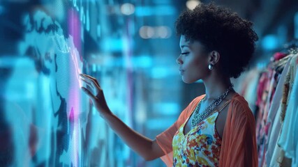 Engaging with interactive digital technology, a black woman explores smart shopping in a modern retail environment - Powered by Adobe