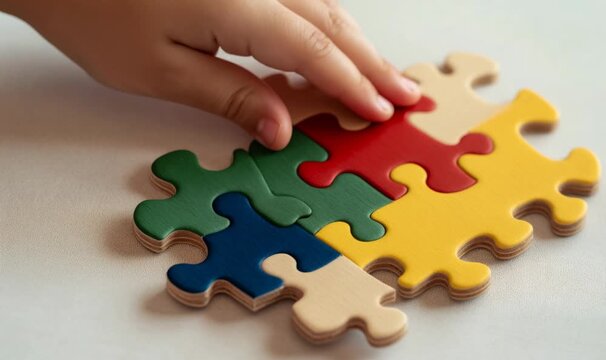 Child's hand playing with colorful jigsaw puzzle pieces, representing development, learning, problem solving, and autism awareness