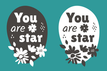 Set of frames with Motivational message and Self acceptance. Doodle hand drawn borders with compliment phrase decorated  modern flowers. Love yourself quote for cards, posters, stickers. Vector